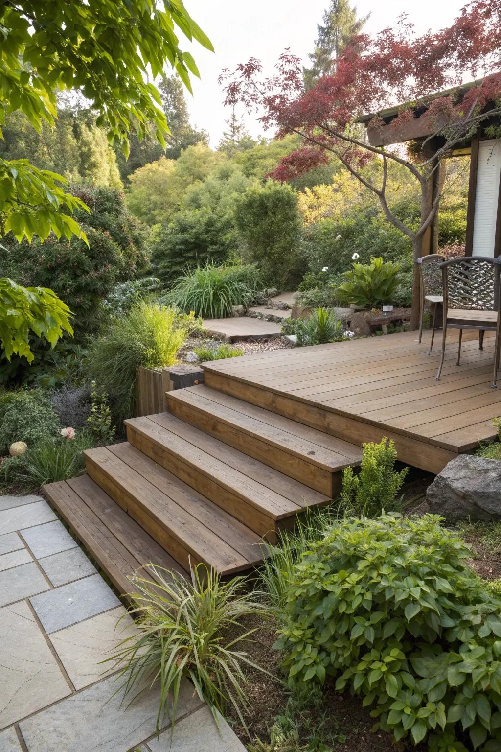 Wooden steps create a natural and warm feel for your patio.