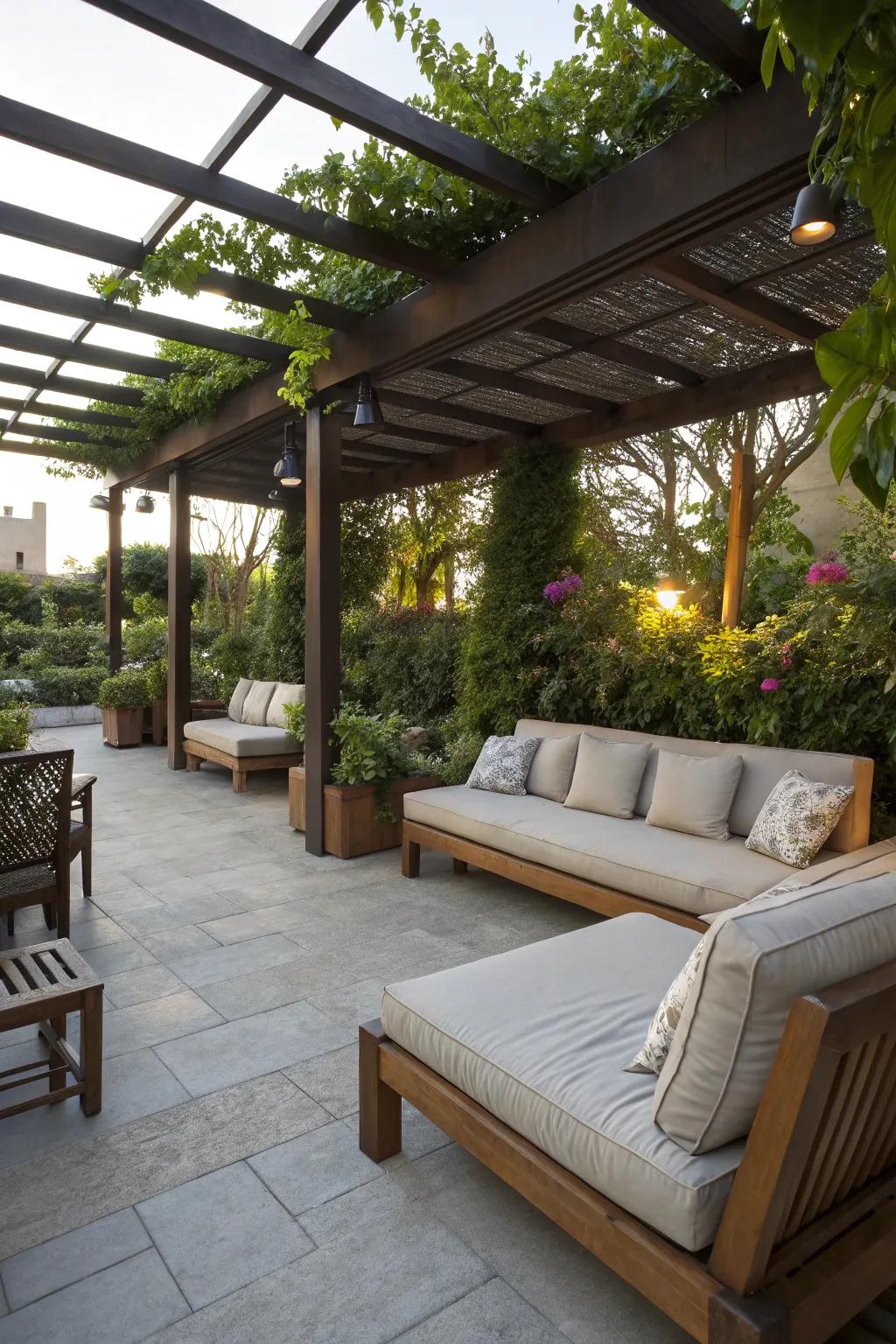 Create a cozy seating area with comfortable sofas and cushioned benches.