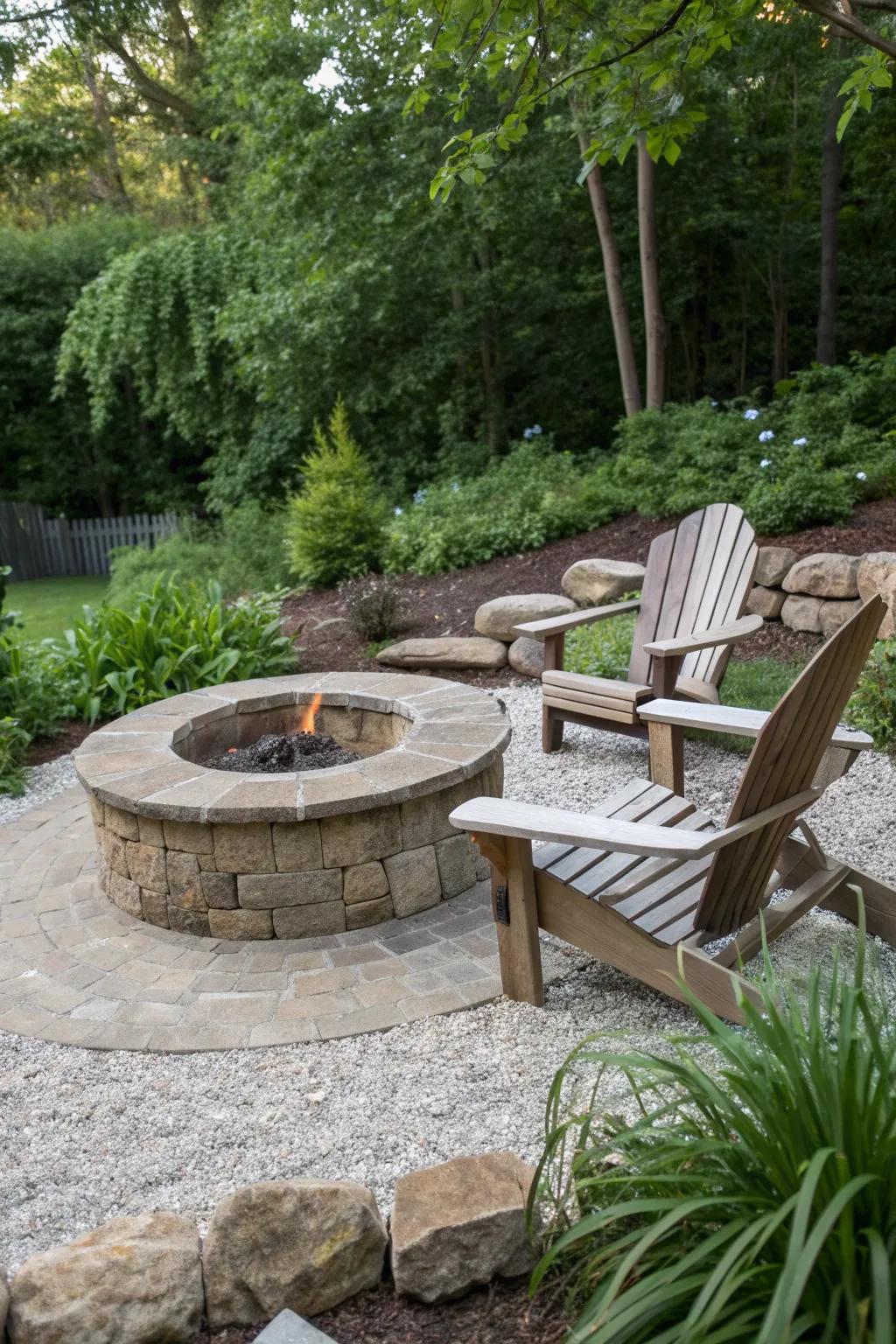 A rustic circular stone fire pit with Adirondack chairs offers a classic look.