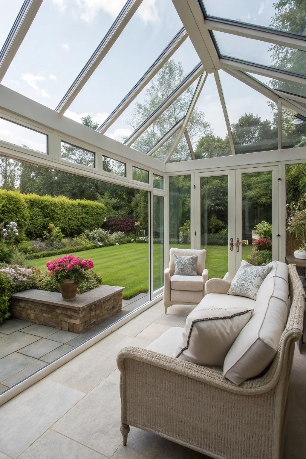 A glass enclosure letting in abundant natural light.
