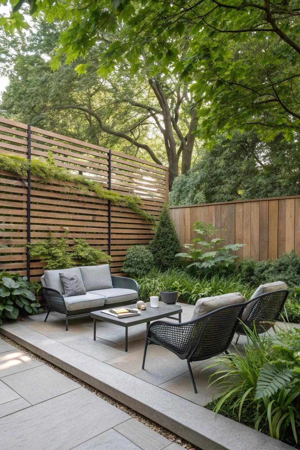 Horizontal wood slats offer a modern and sleek outdoor aesthetic.