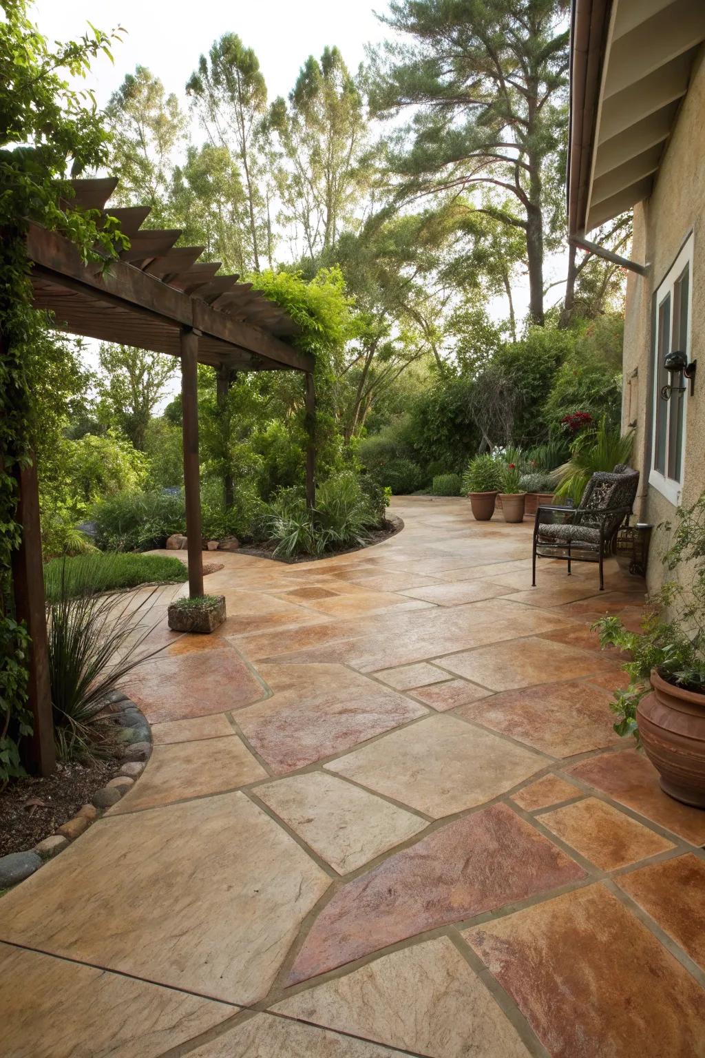 Stained concrete patio flooring adds a touch of elegance and warmth.