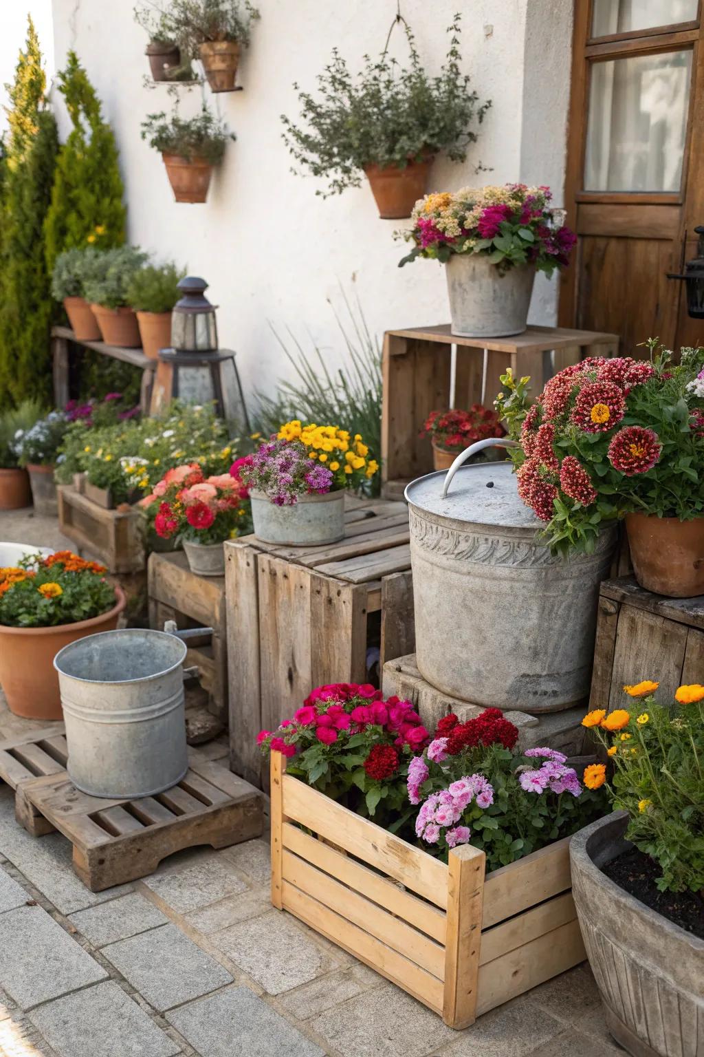 An eclectic mix of containers filled with vibrant flowers.