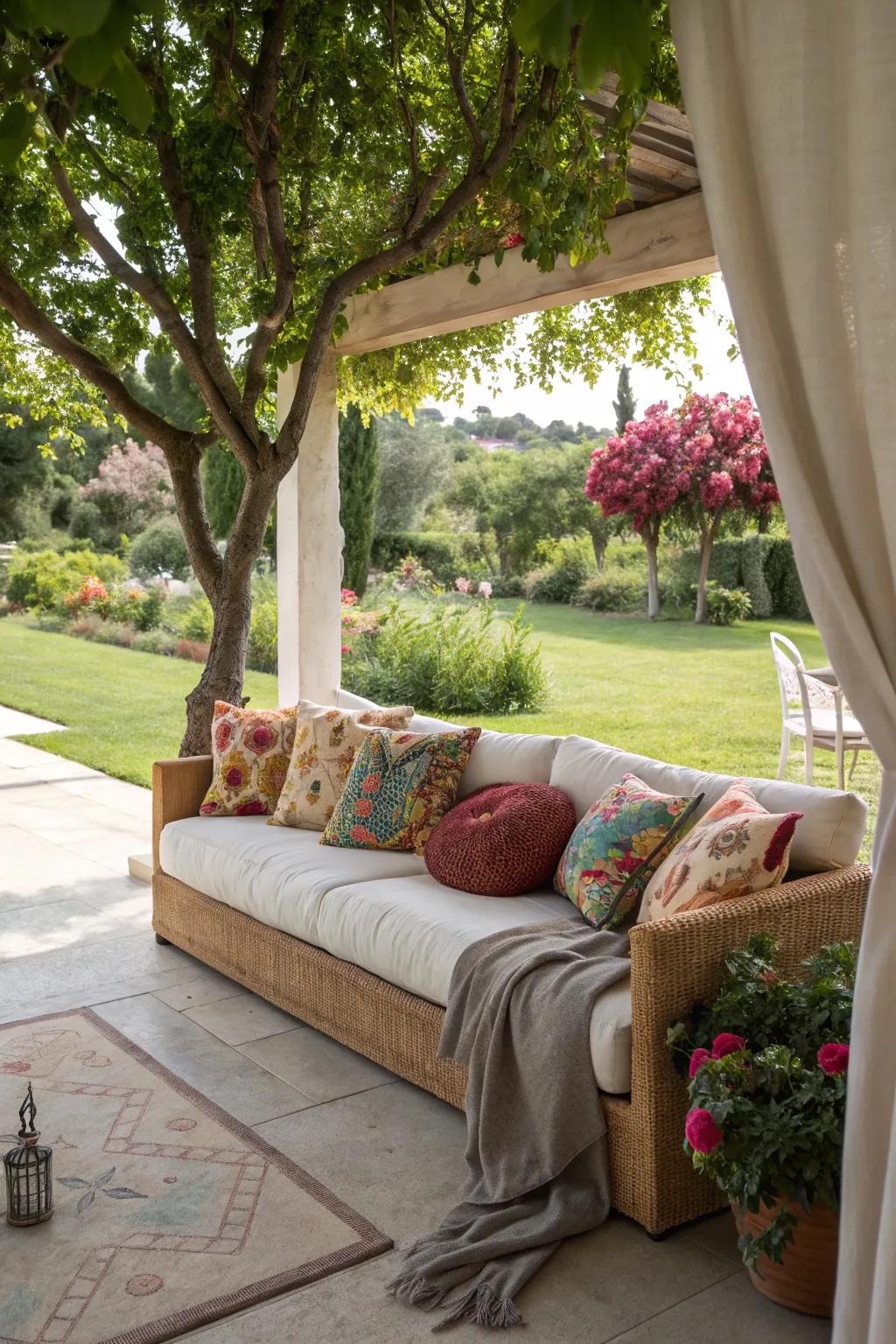 A welcoming outdoor lounge area with plush seating and vibrant decor.