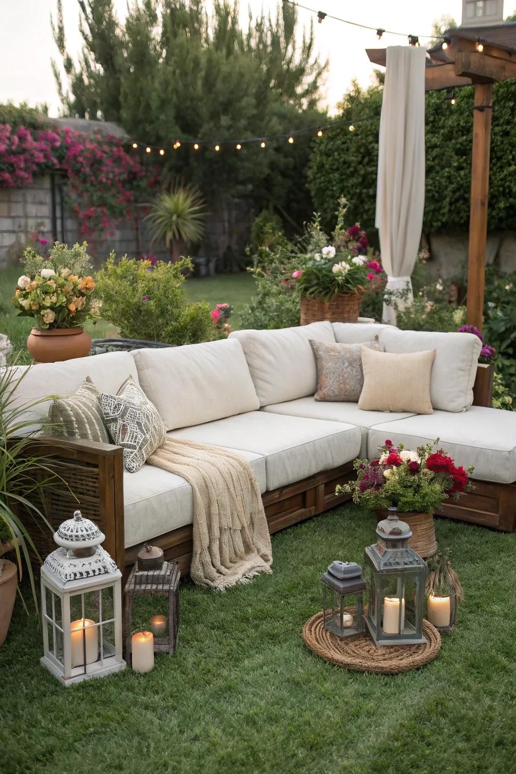 Create a relaxing lounge area with a sectional sofa on the grass.