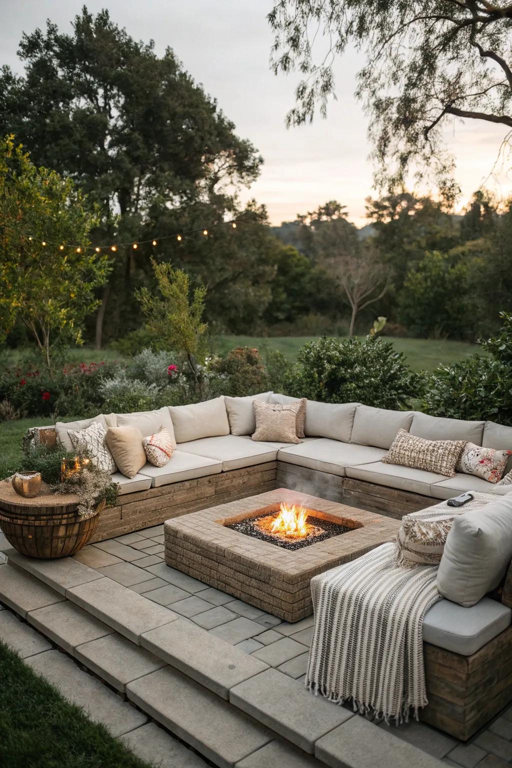 An L-shaped sectional around a central fire pit, perfect for outdoor gatherings.