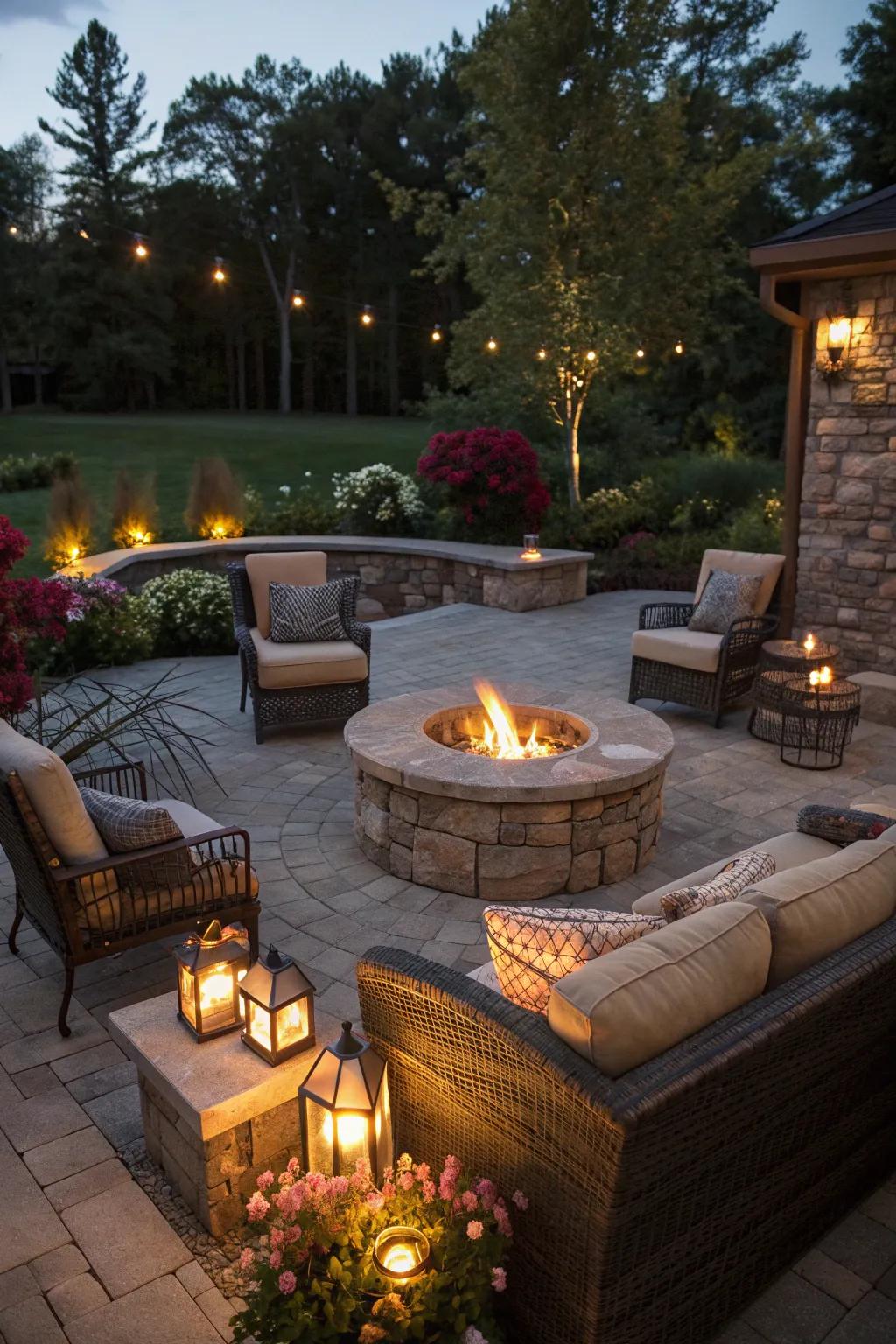 A cozy fire pit that serves as the heart of the patio.