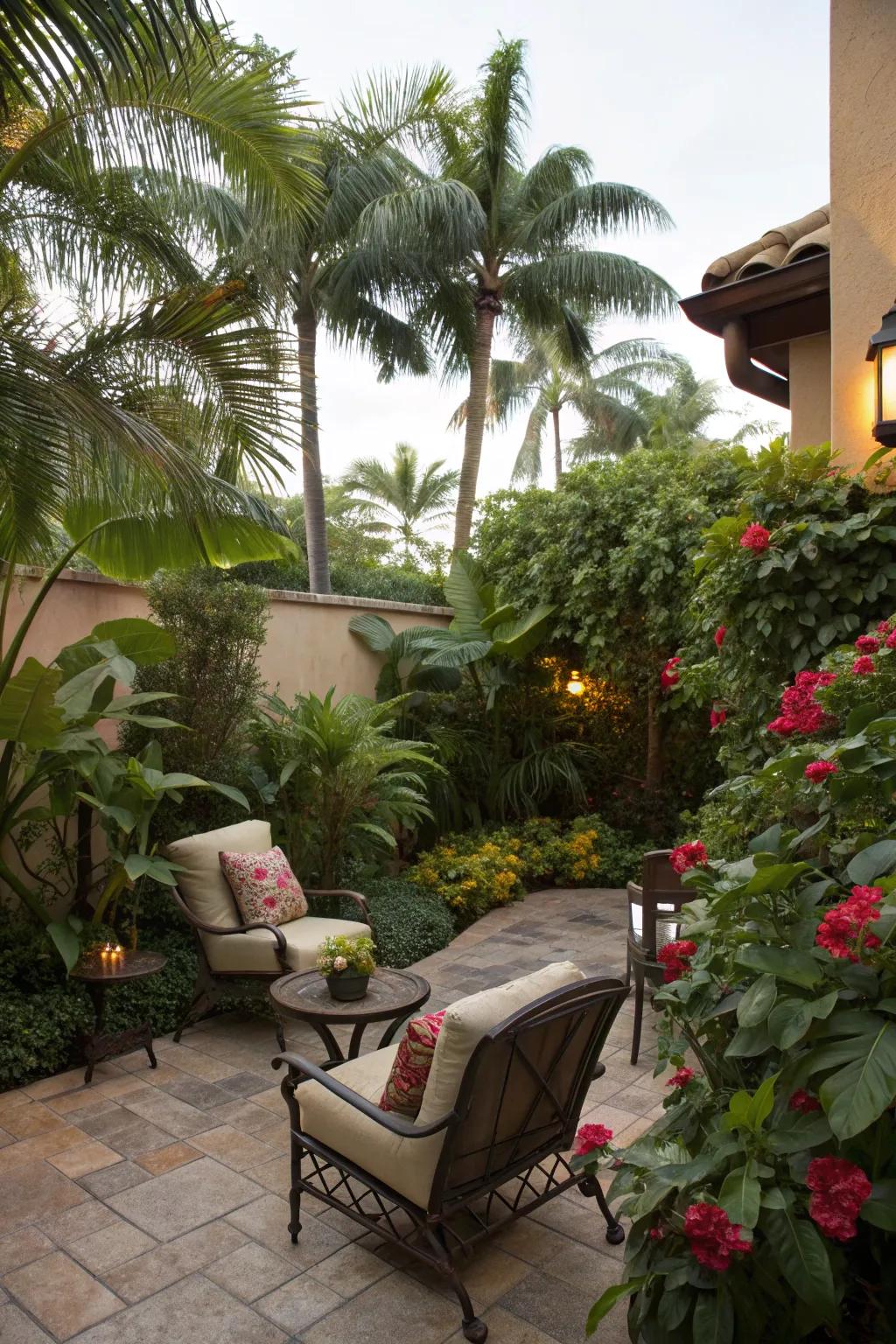 A tropical oasis patio with lush greenery and vibrant flowers.