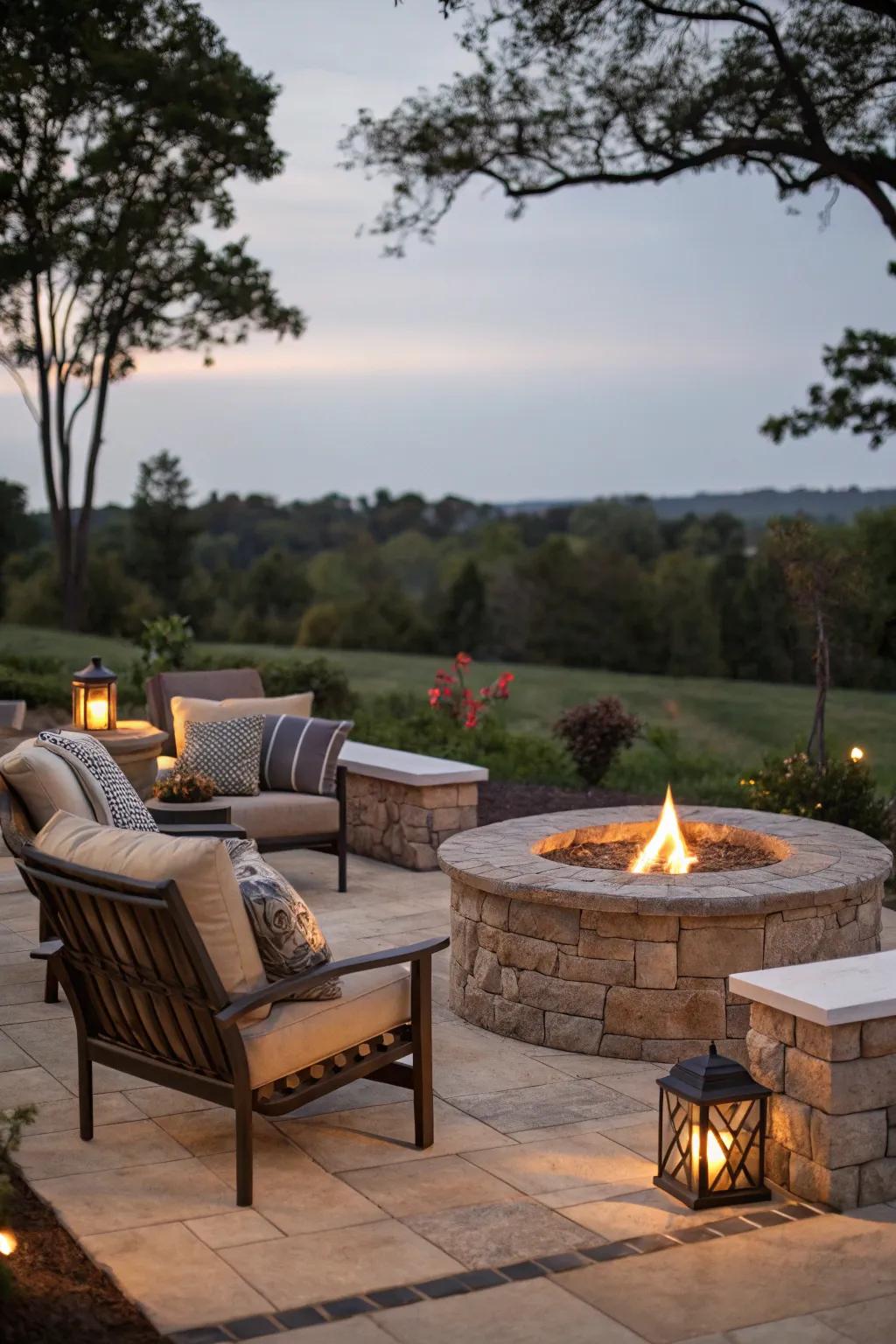 Create a warm and inviting patio with a fire pit as the centerpiece.