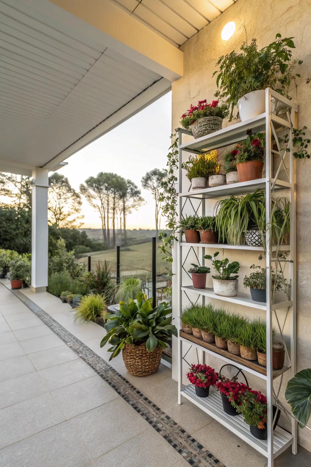 Vertical shelving making the most of patio space.