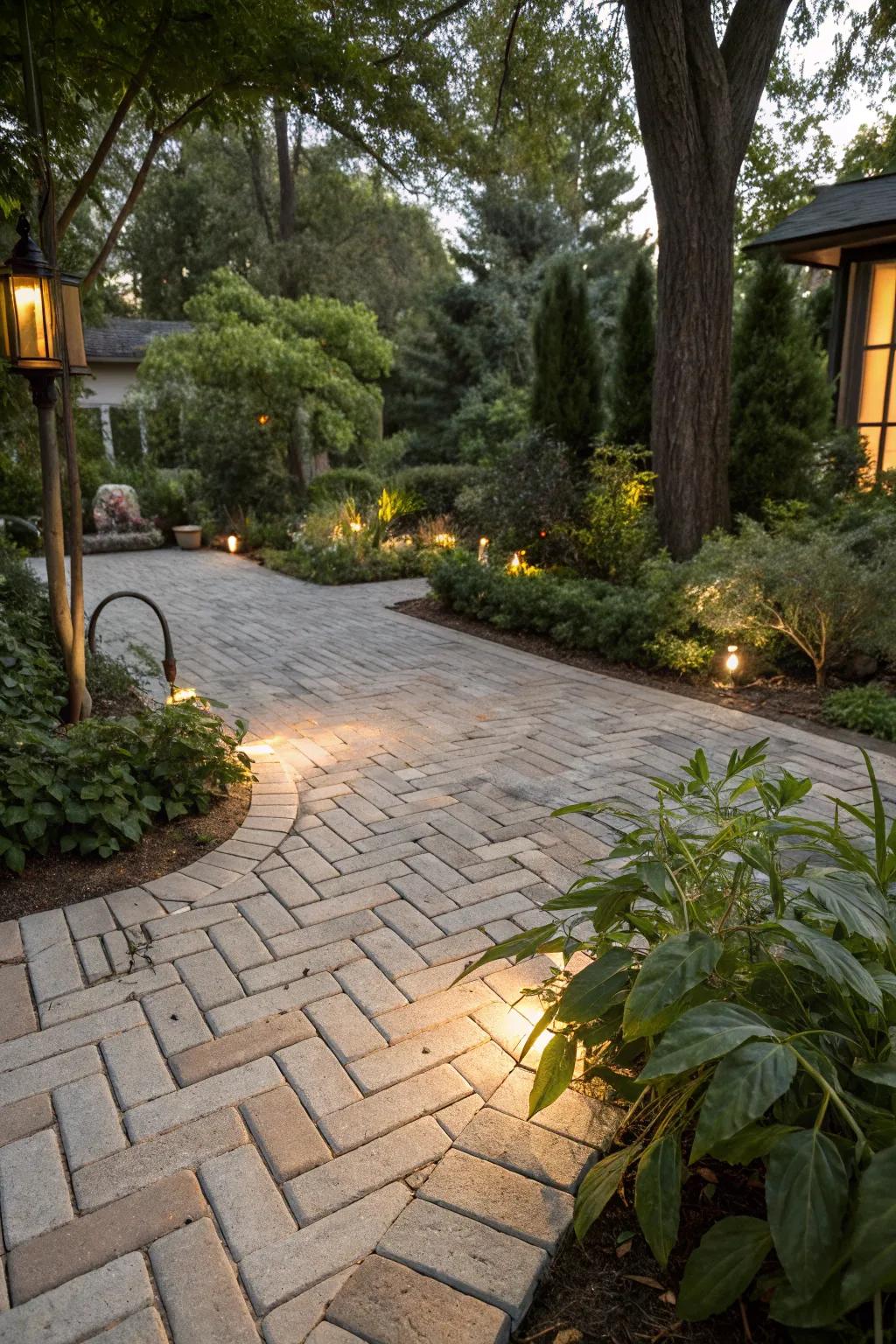 Classic herringbone pattern adding elegance to a lush patio.