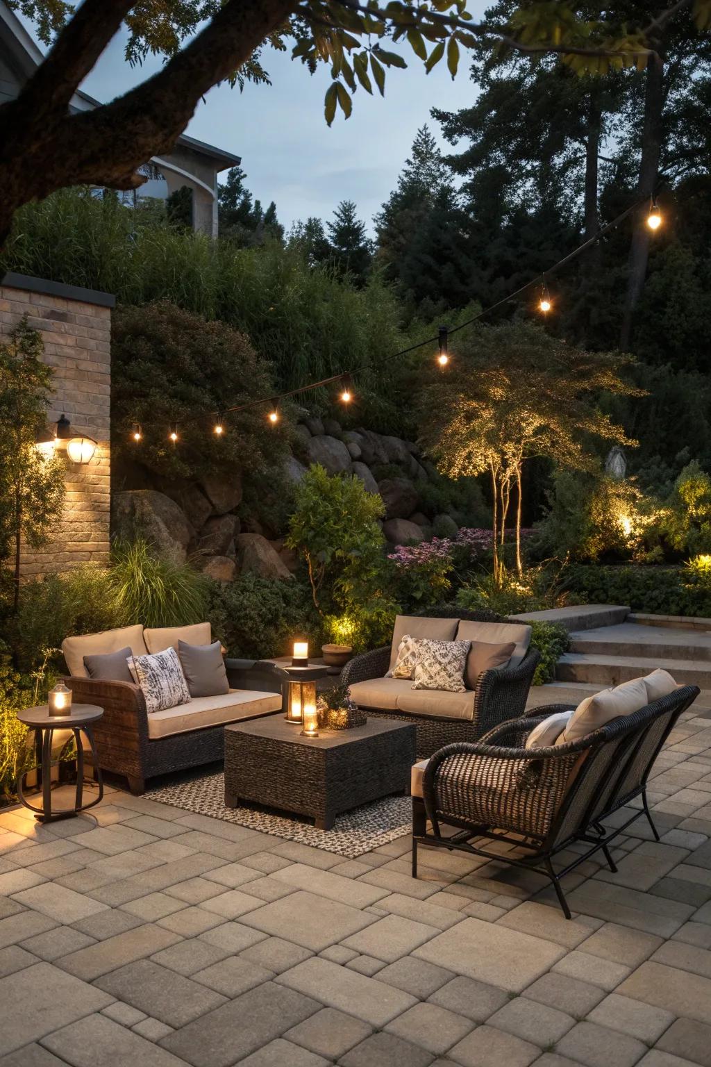 Create a cozy sitting area with inviting paver designs.