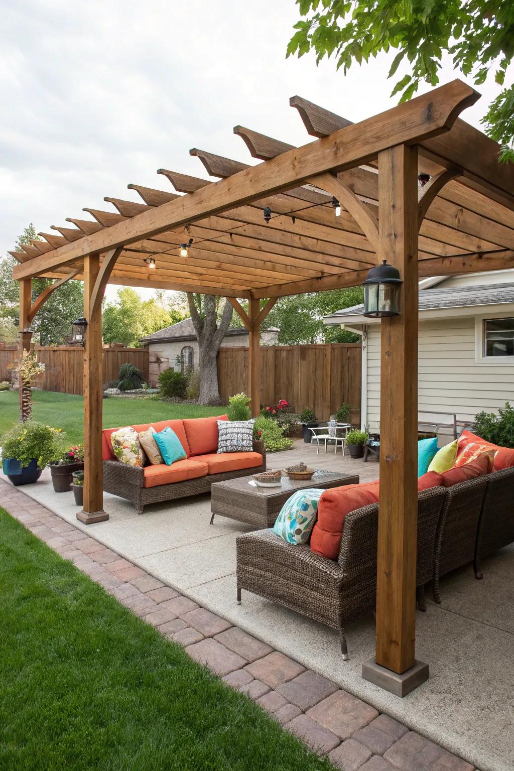A wooden pergola with cozy furnishings invites relaxation.