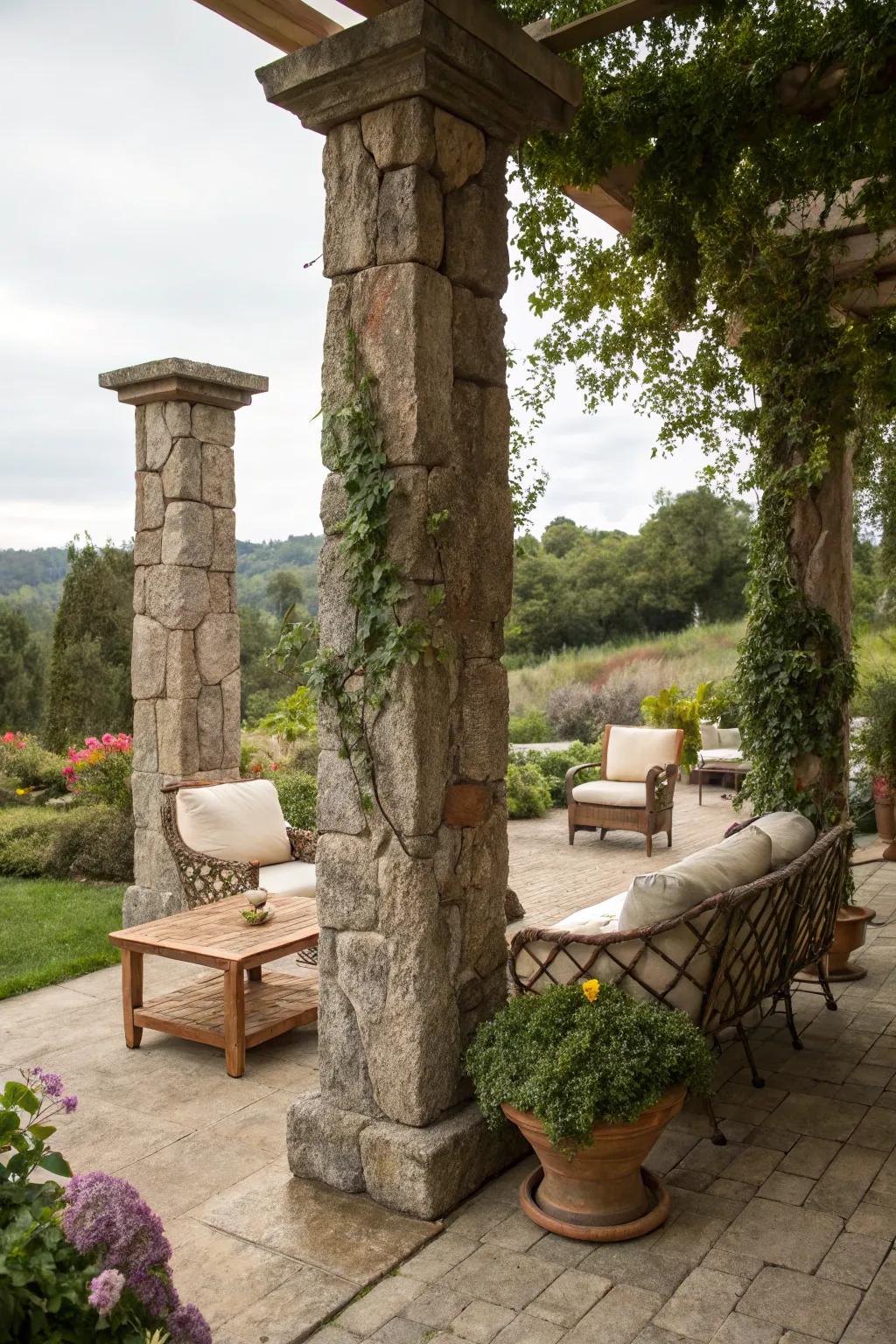 Stone pillars add rustic charm to any patio.