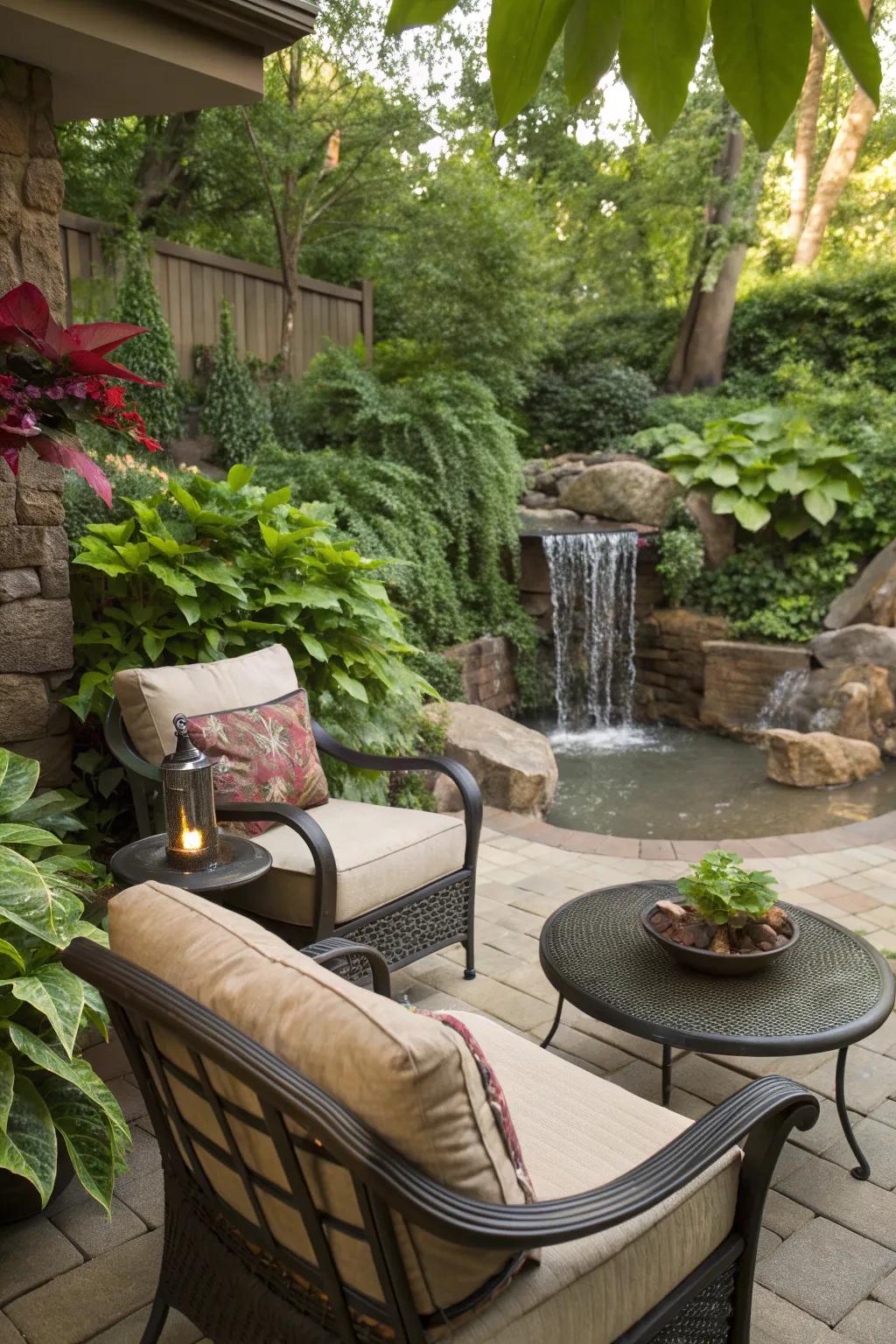 Create a tranquil seating area with lush plants and soothing water features.