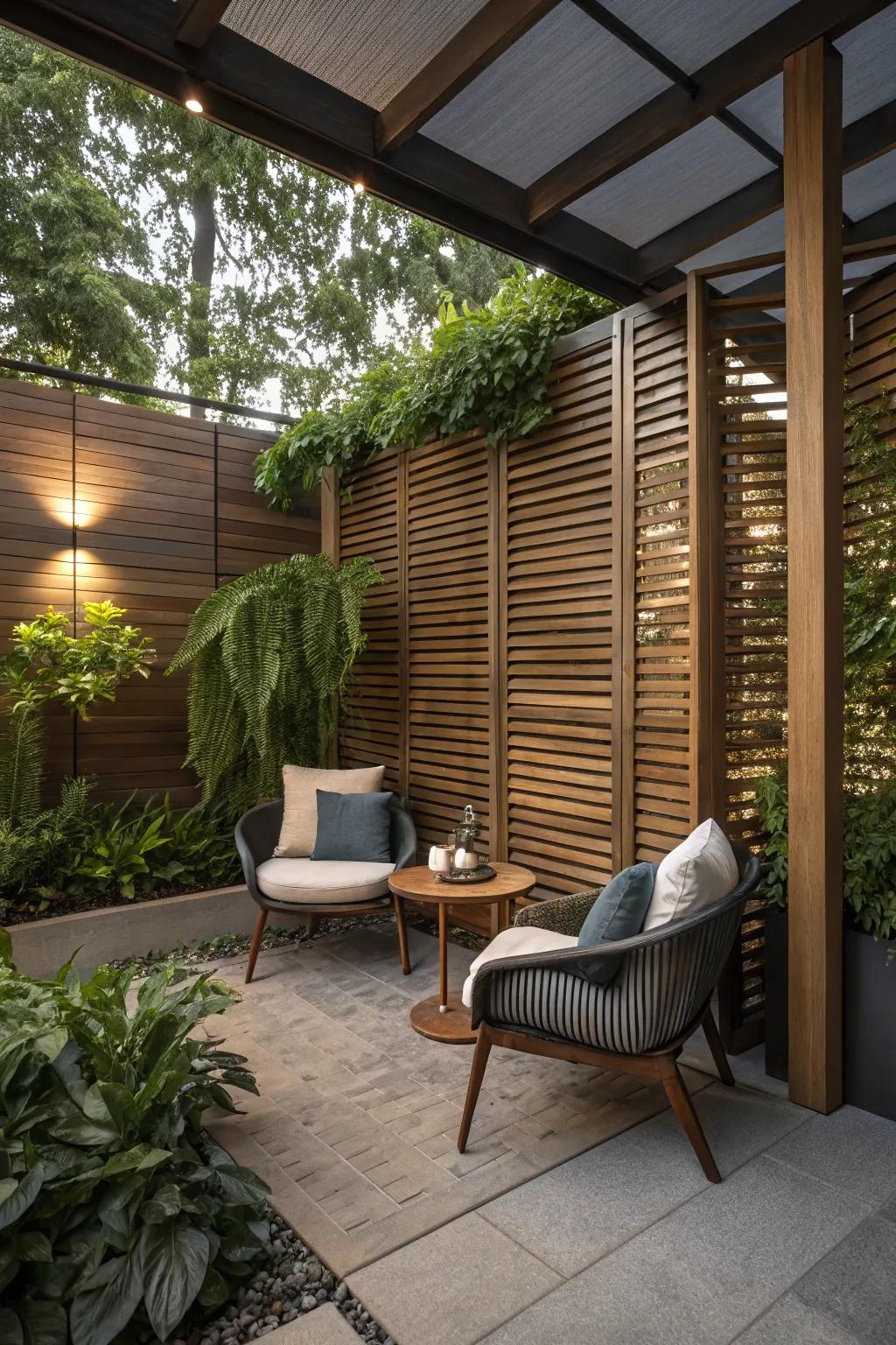 Wooden screens add elegance and privacy to any patio space.