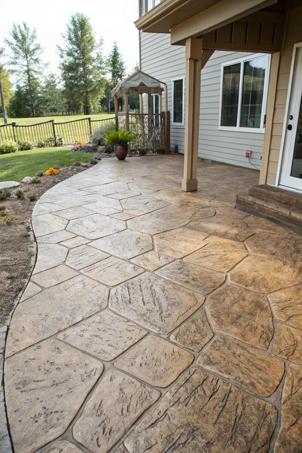 A patio transformed with a stamped concrete overlay that mimics natural stone.