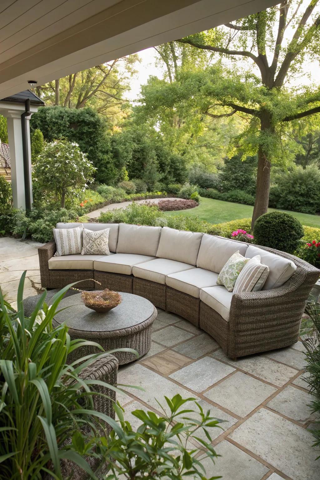 A curved sectional invites conversation and comfort.