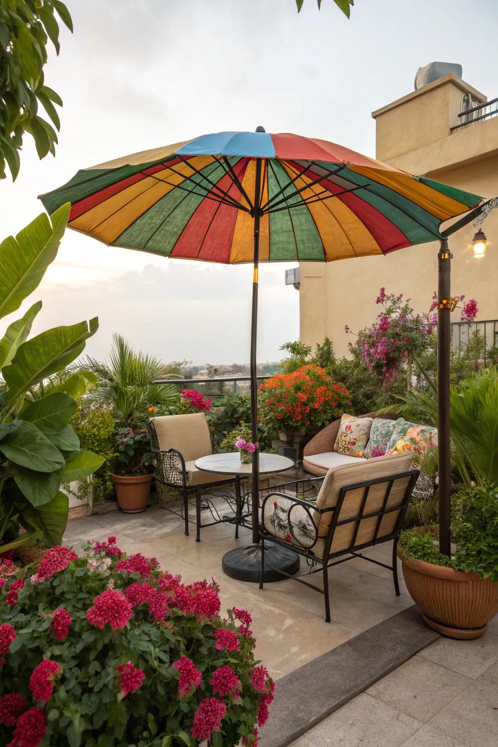 A portable umbrella adds both shade and style to any patio.