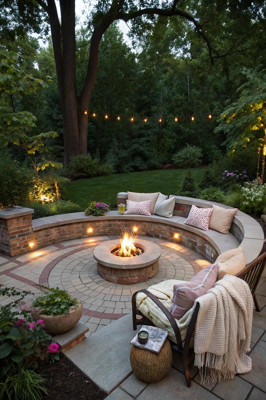 A circular patio with a fire pit creates a warm and inviting atmosphere.