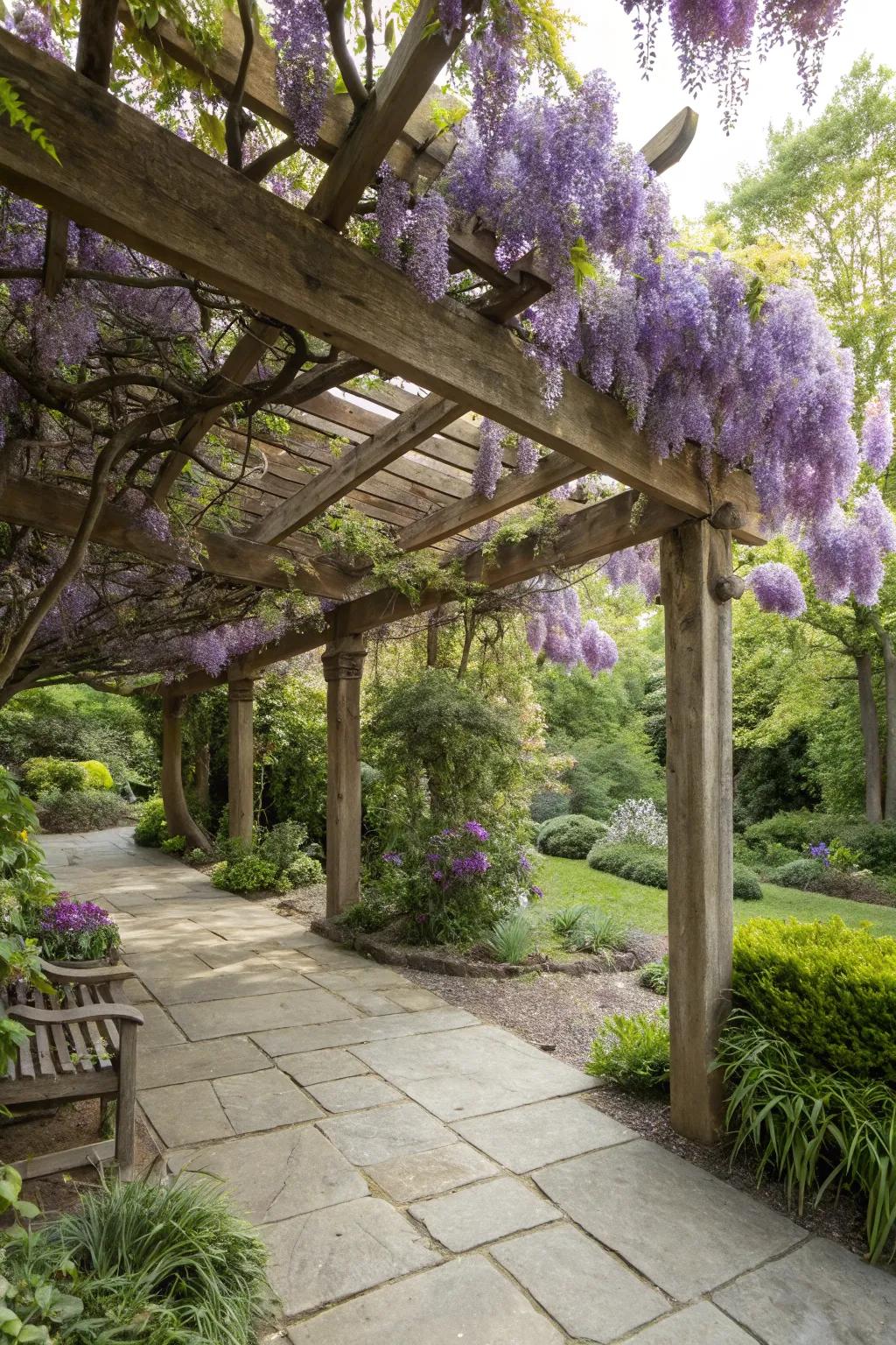 A wooden pergola with wisteria vines creates a stunning seasonal canopy.