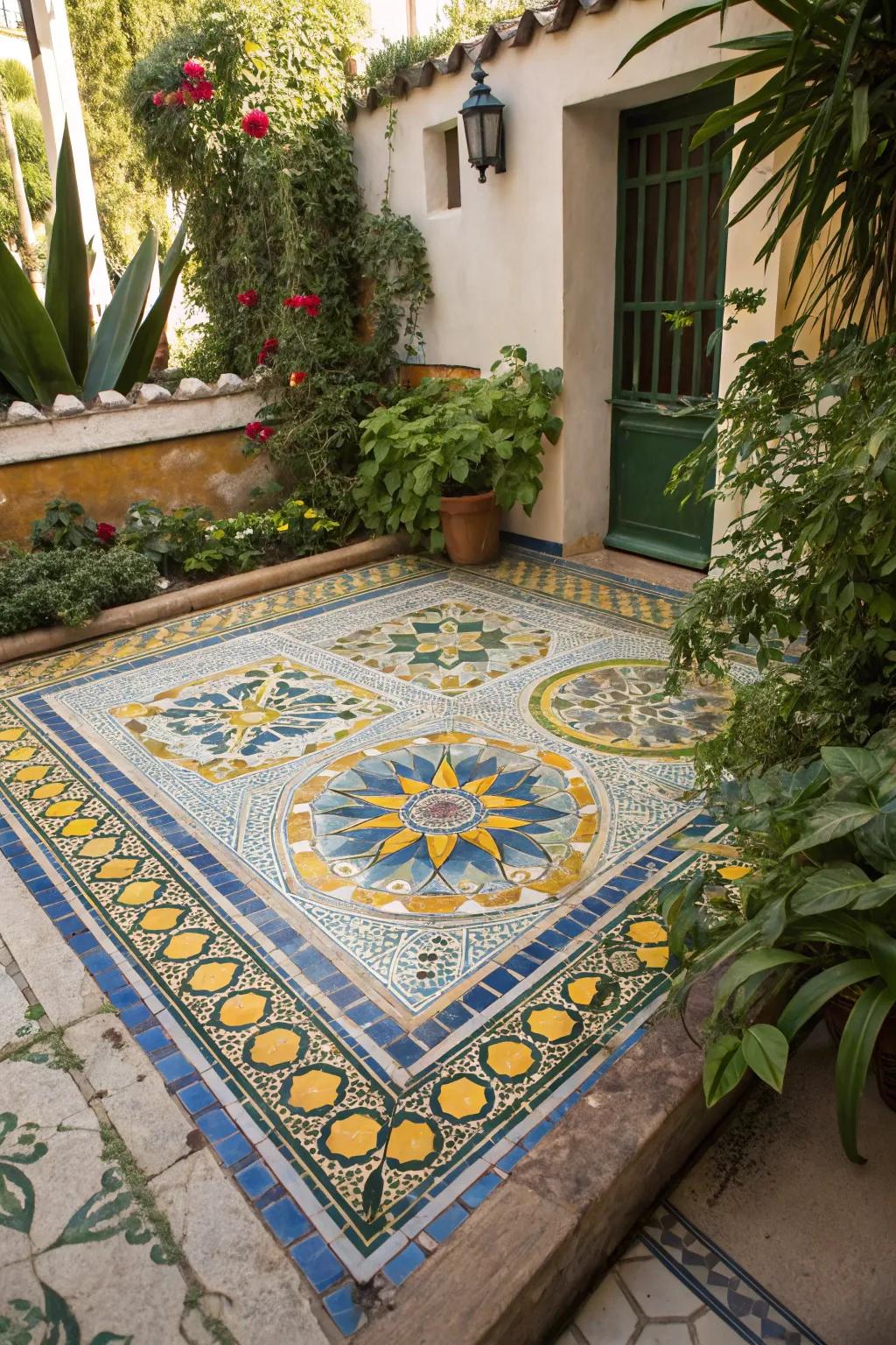 A vibrant mosaic pattern transforms this patio into an artistic masterpiece.
