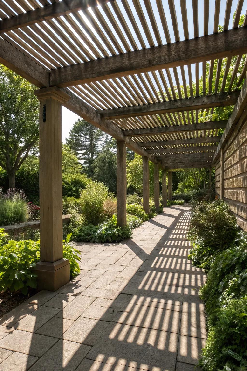 Open pergolas with slatted designs offer a perfect blend of sunlight and shade.