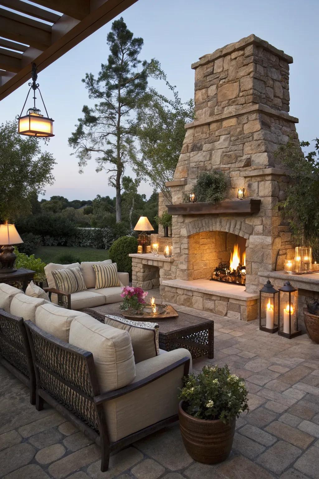 Stone fireplaces create a warm, inviting atmosphere.