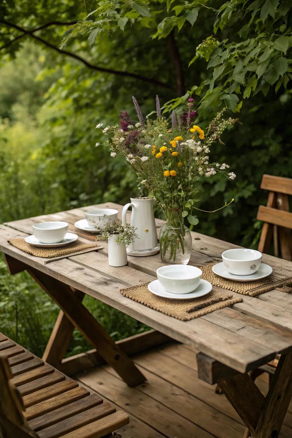 A rustic wooden table offers a welcoming vibe for outdoor gatherings.