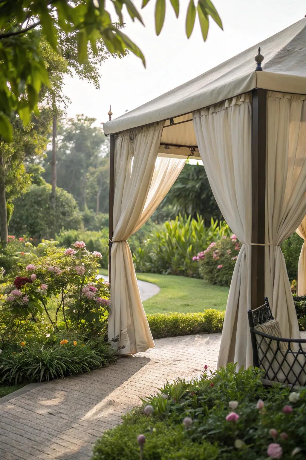 An open-sided tent creates a breezy, inviting space for relaxation.
