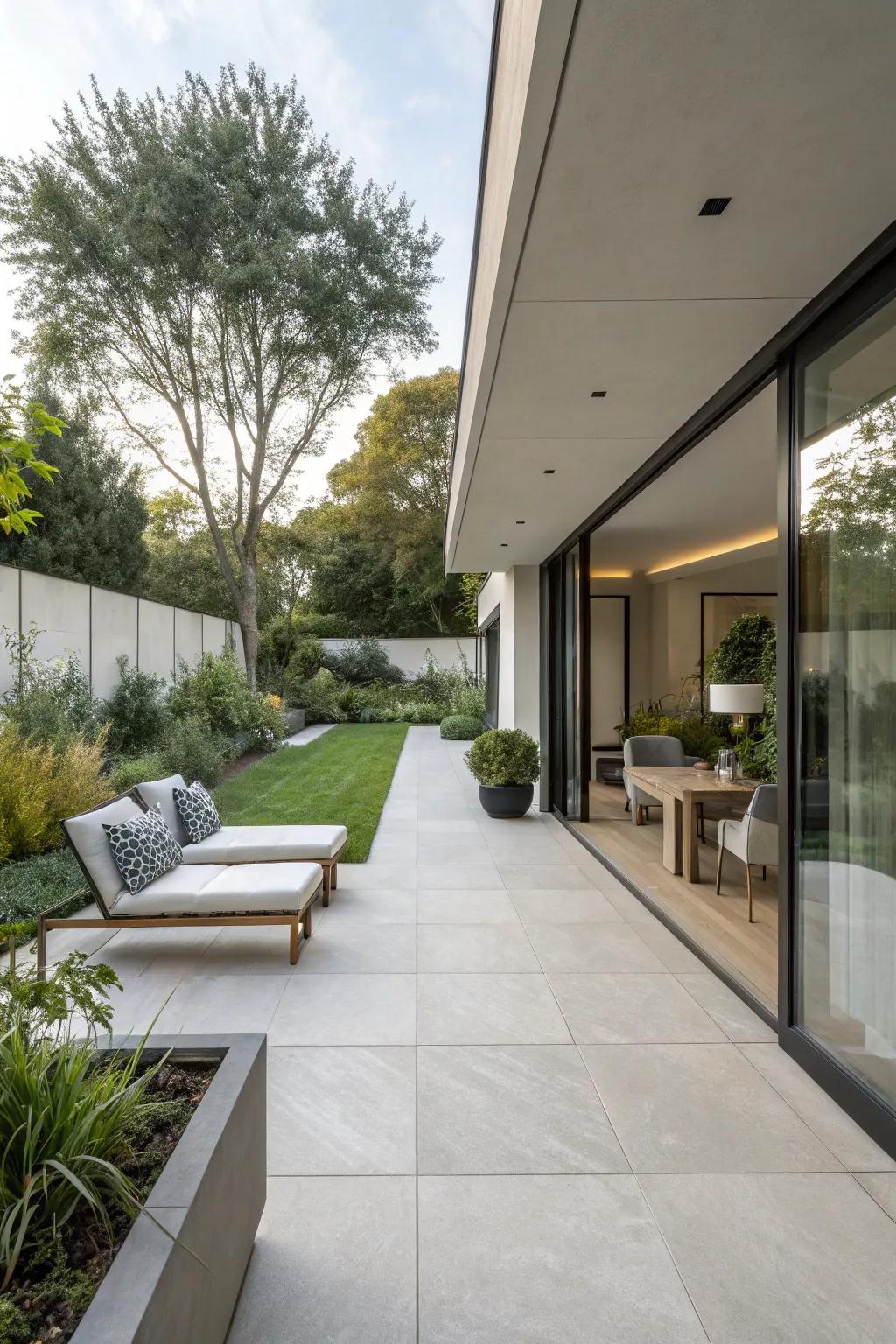 Large format tiles create a sophisticated, seamless look for any patio.