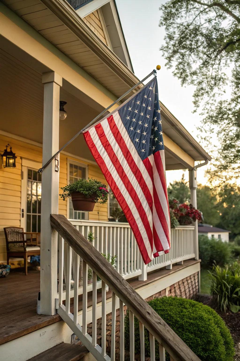 An American flag proudly displayed, setting the tone for a patriotic porch.