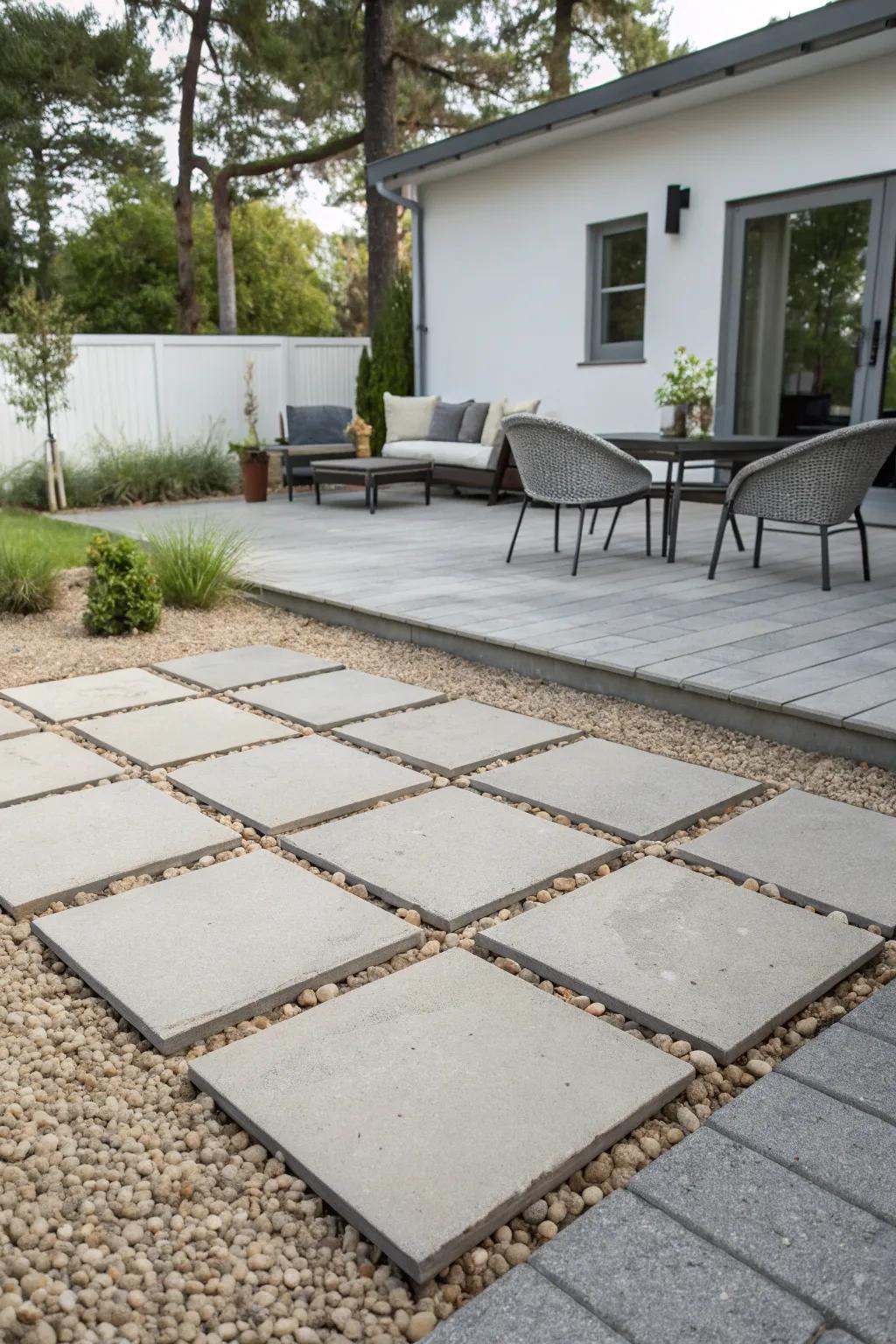A modern minimalist paver and gravel patio with clean lines and neutral tones.