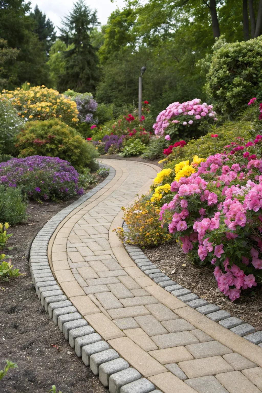 Graceful curved paver edging enhancing a garden path.