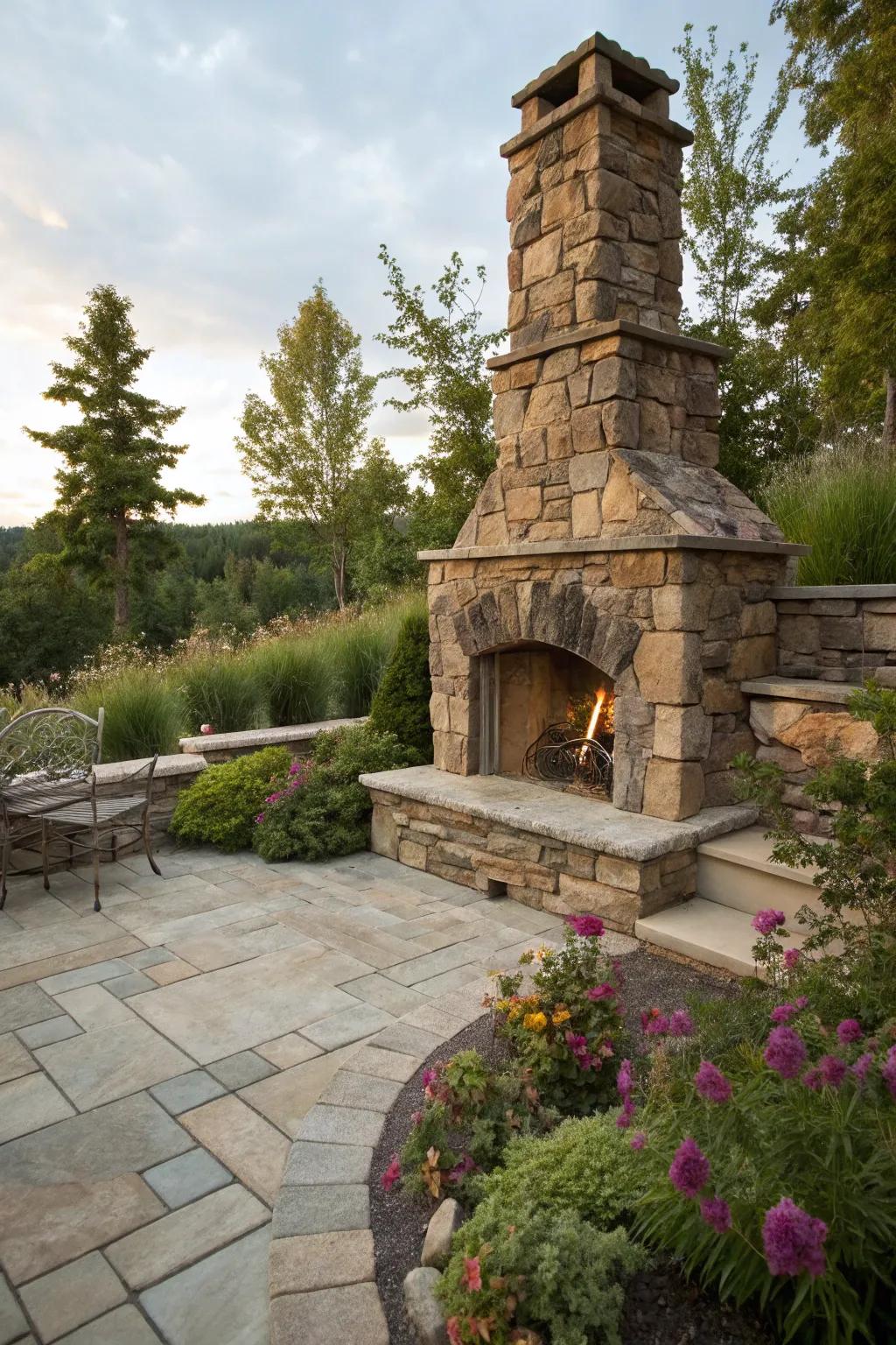 A rustic stone fireplace creating a cozy atmosphere on a serene paver patio.