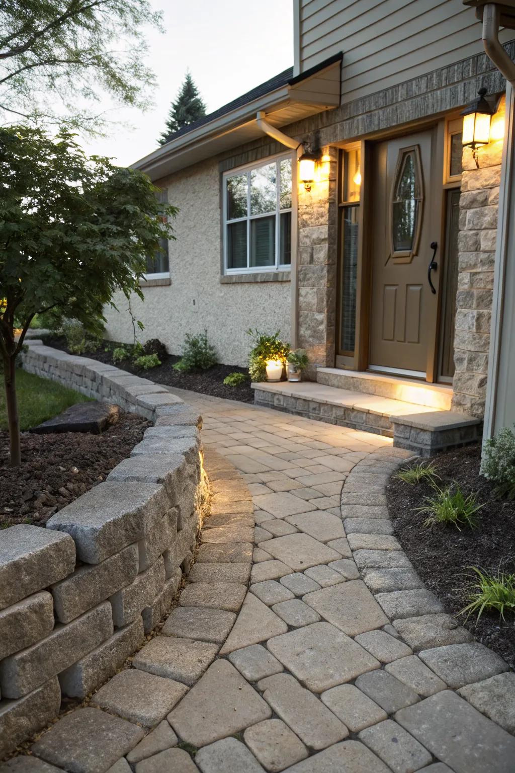 A charming entryway with a paver wall enhancing the garden path.