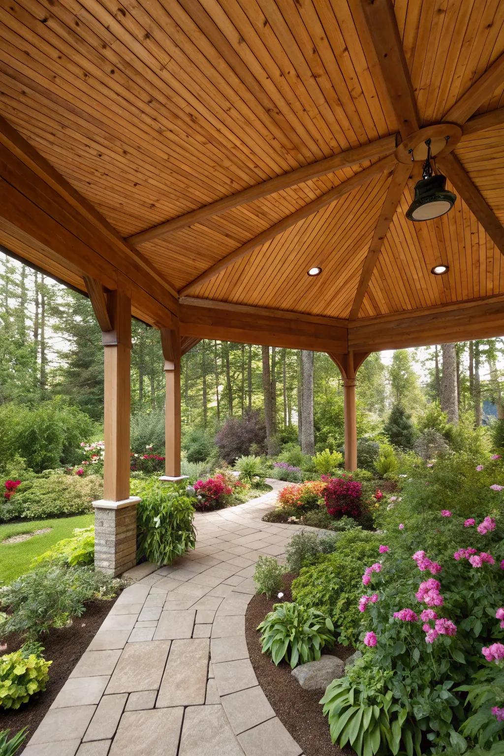 A pavilion with a rich cedar wood ceiling for a warm, inviting atmosphere.
