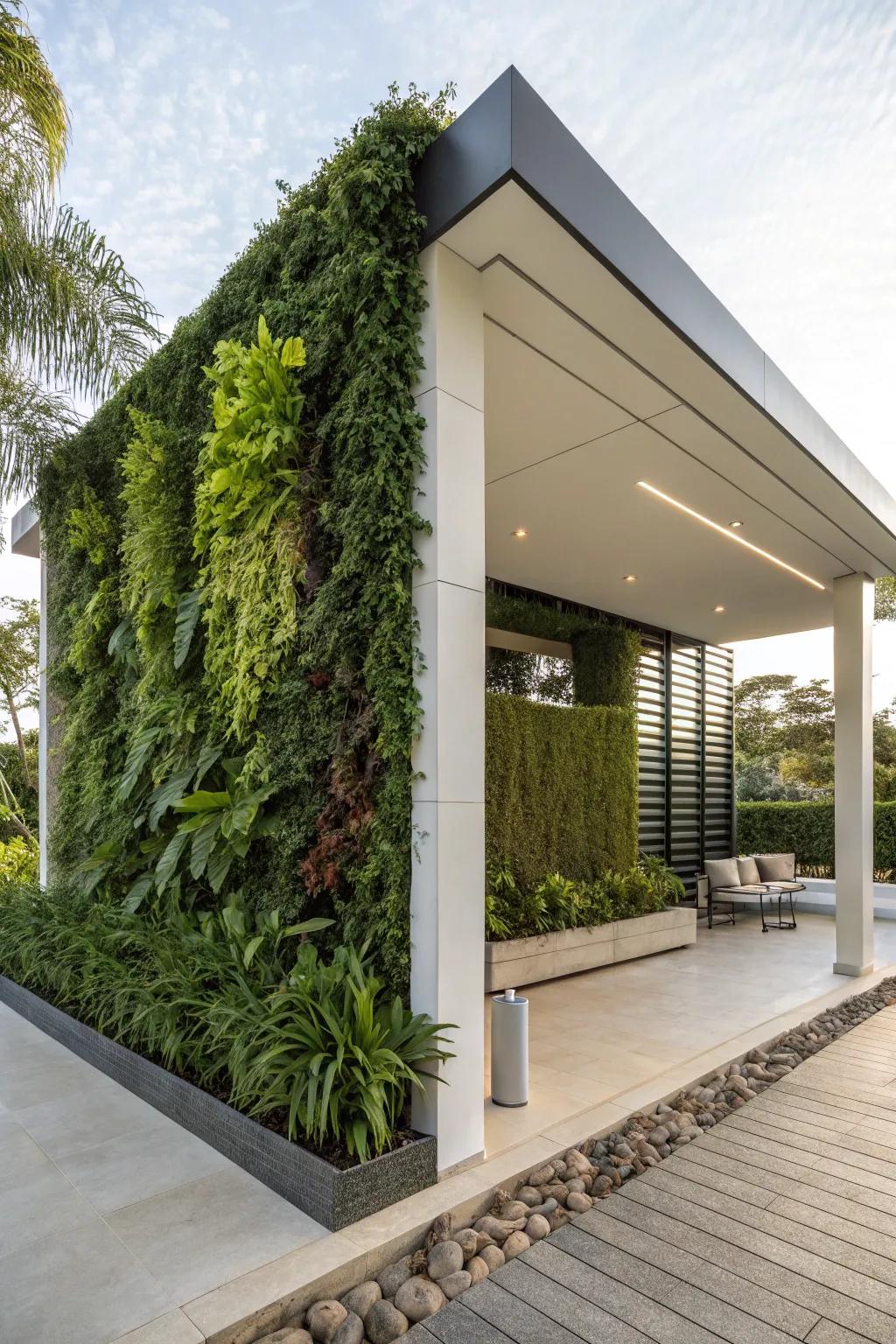 A pavilion featuring a vibrant vertical garden wall, perfect for a touch of nature.