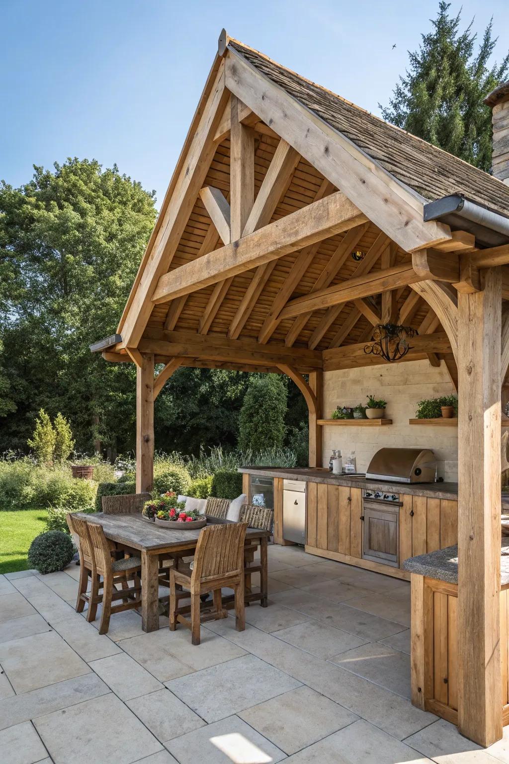 A rustic wooden pavilion featuring a charming outdoor kitchen and cozy seating.