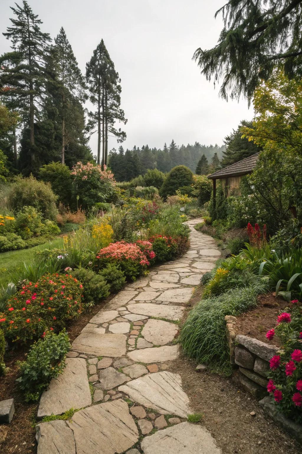 Irregular natural stones creating a charming and organic garden pathway.