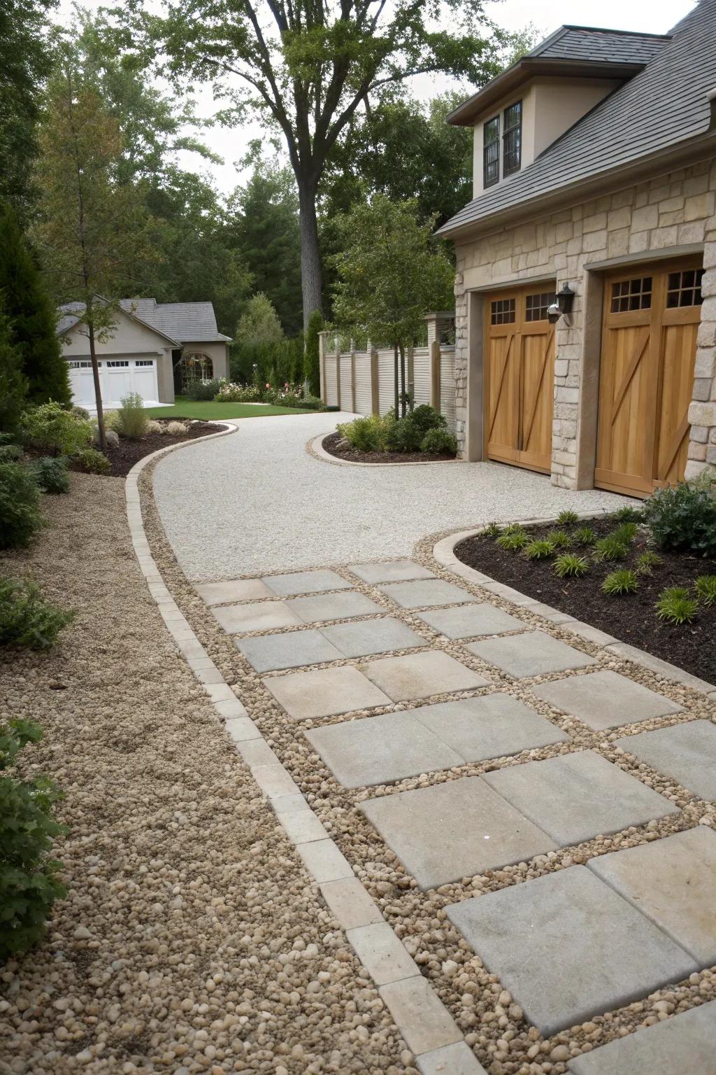 A driveway combining pea gravel and stone pavers for a stylish look.
