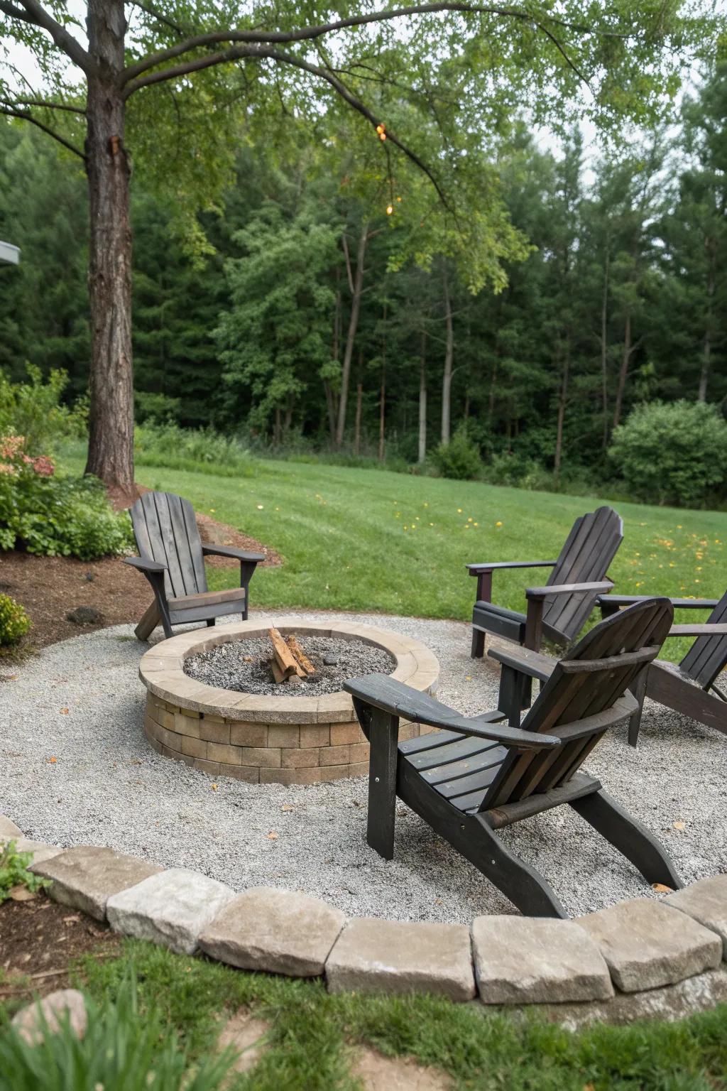 A classic circular fire pit design with pea gravel.