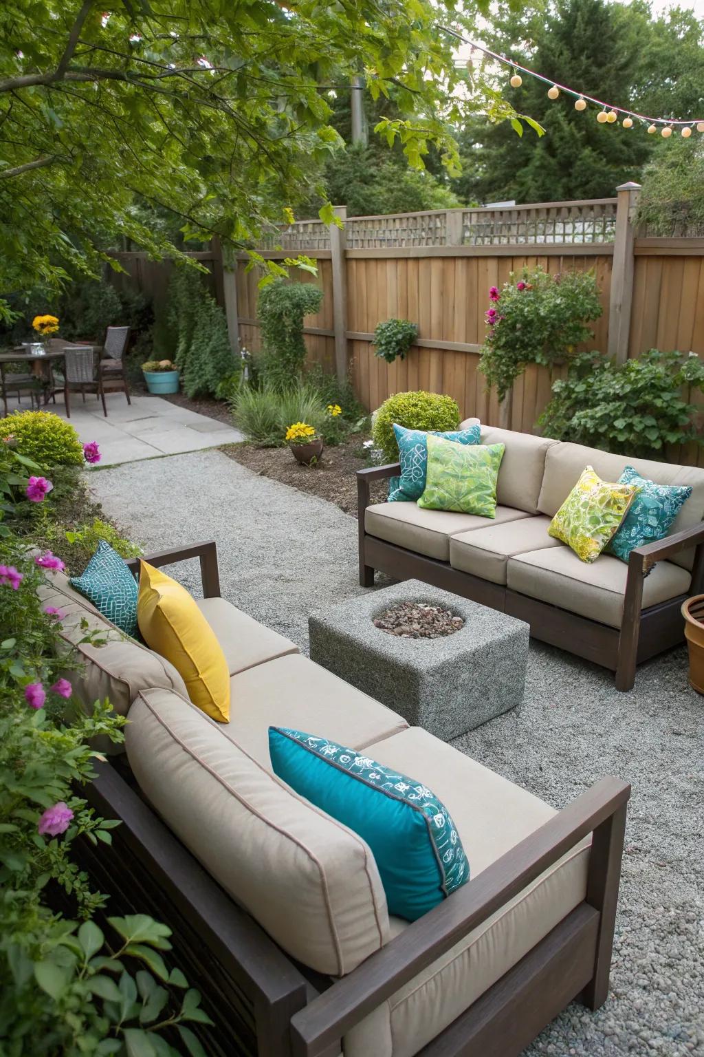 A cozy seating nook on a pea gravel patio, perfect for relaxation.