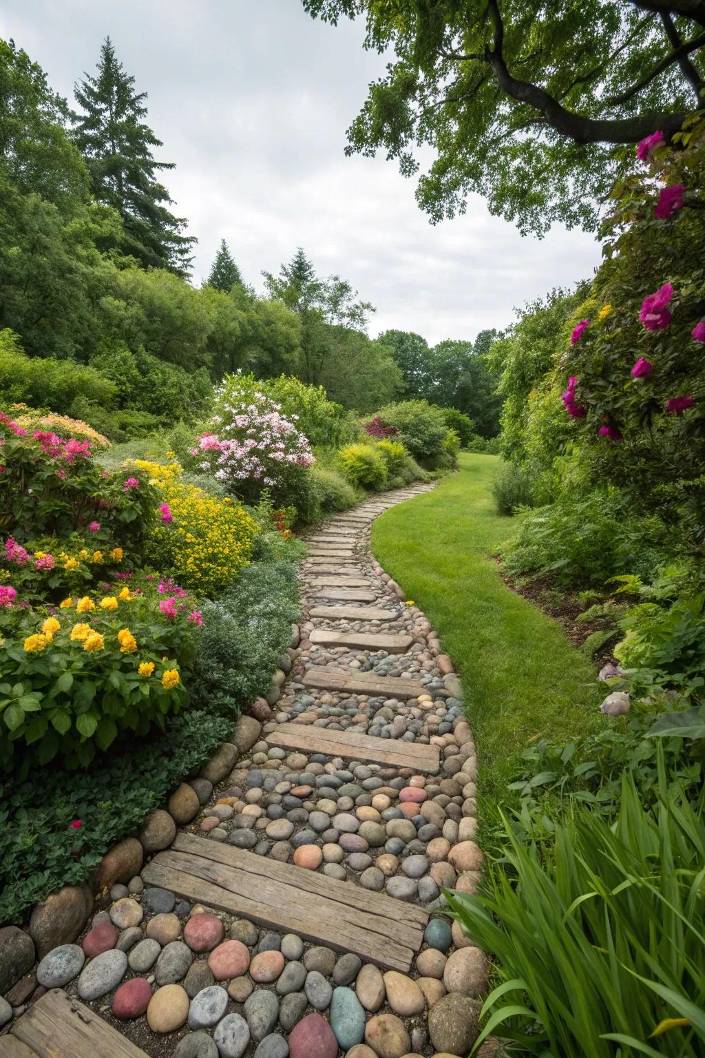A charming pebble pathway curving through a lush garden.