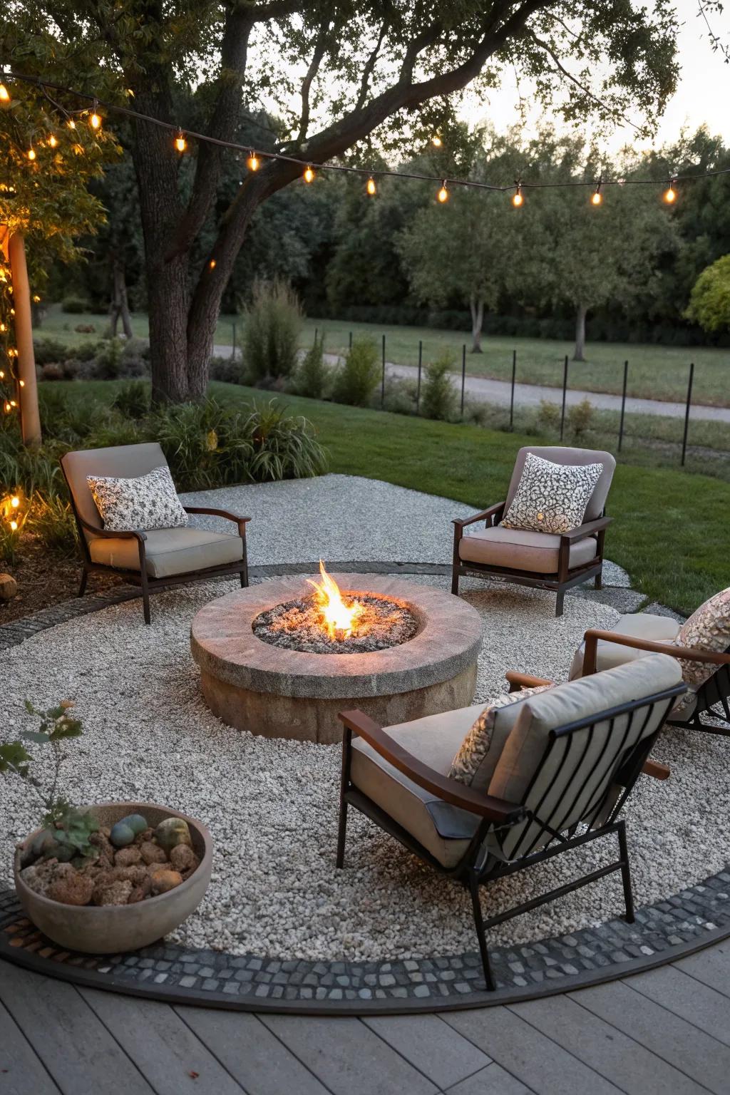 A pebble patio with a fire pit creates a warm gathering spot.