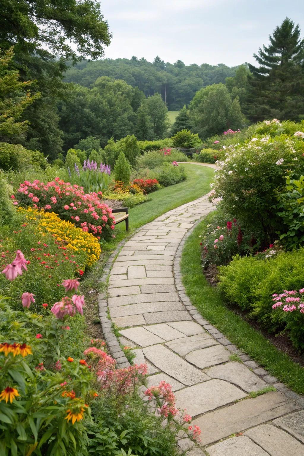 A meandering stone pathway adds charm and elegance to the garden.