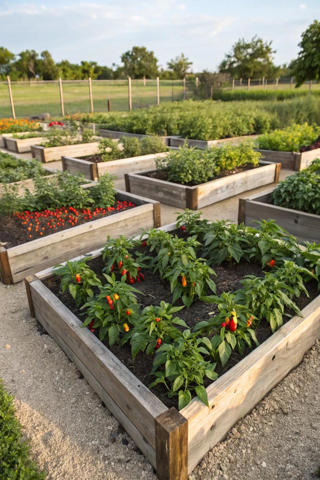 Raised garden beds offering a neat and efficient pepper-growing space.