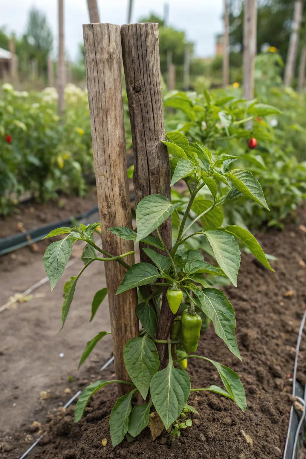 A classic wooden stake keeps pepper plants standing tall.