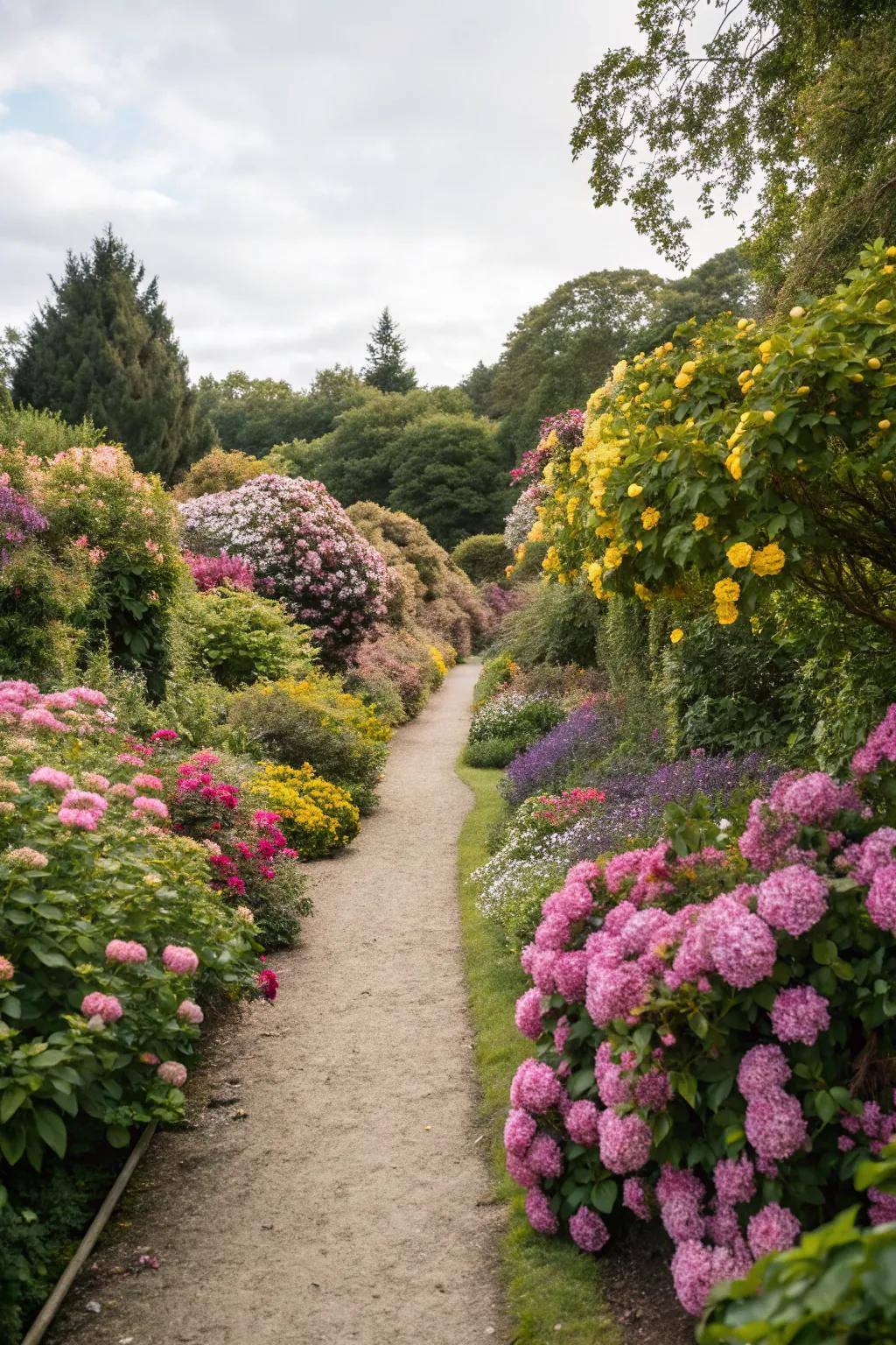 Lush borders enhance garden paths with vibrant colors.