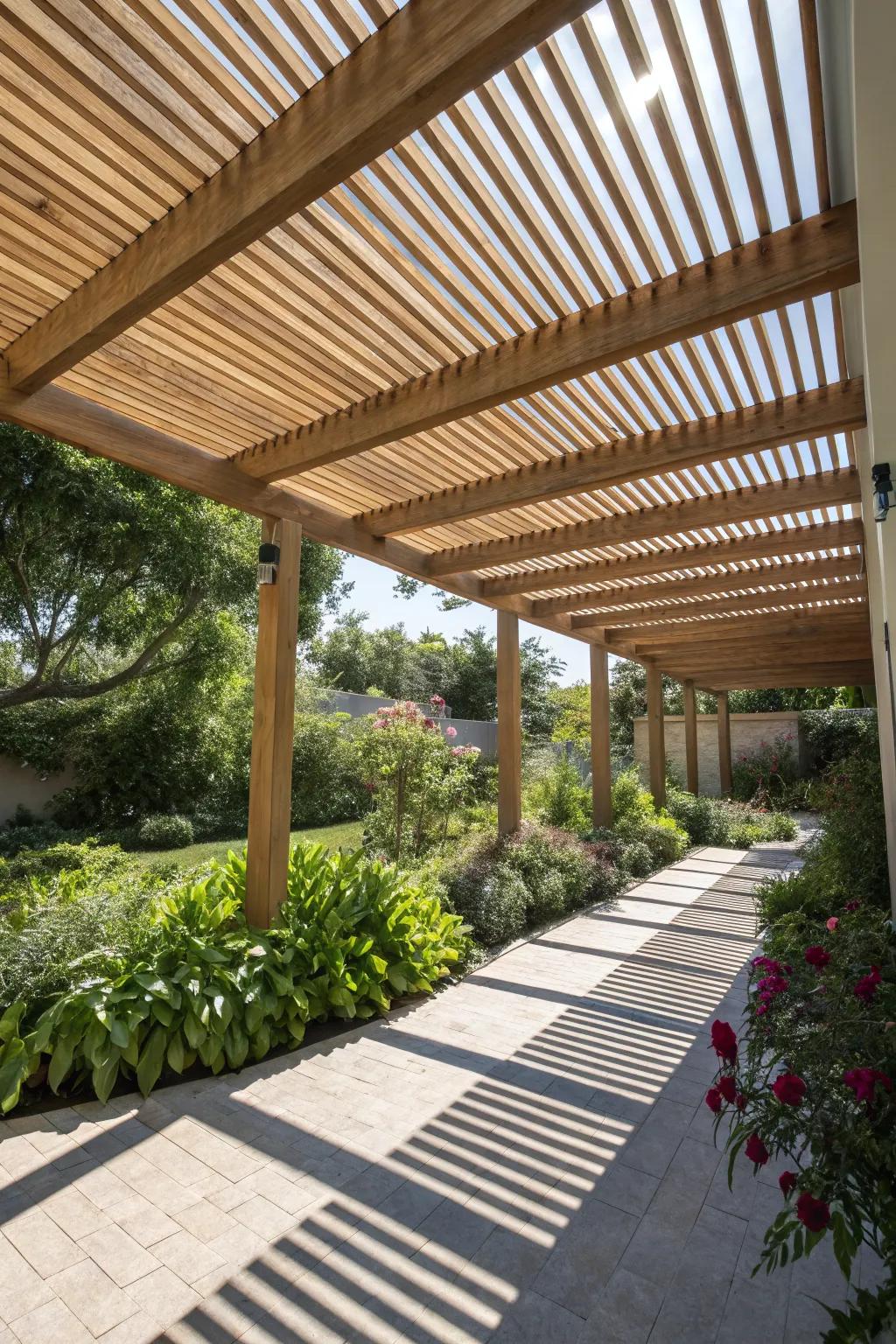 Classic wooden slats for a timeless pergola ceiling.